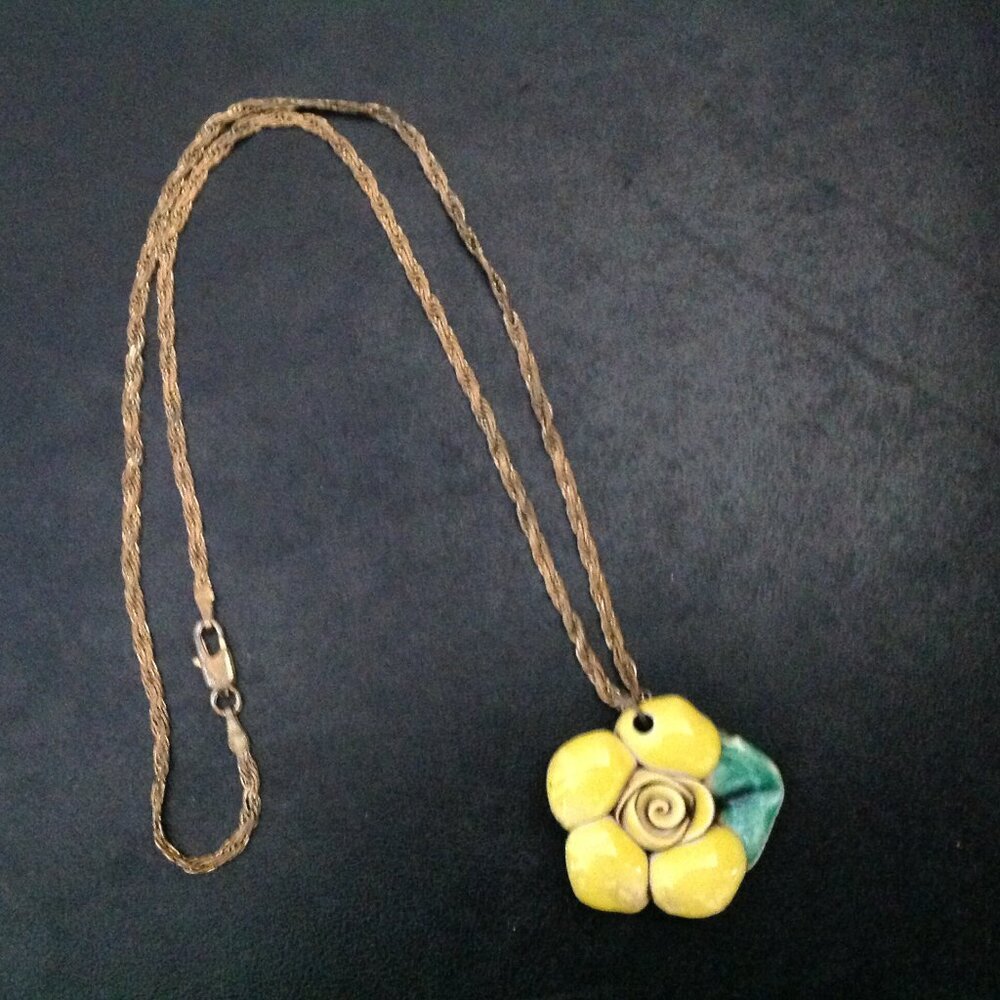 **Sale** Vintage Possibly Antique Yellow Ceramic Flower Pendant